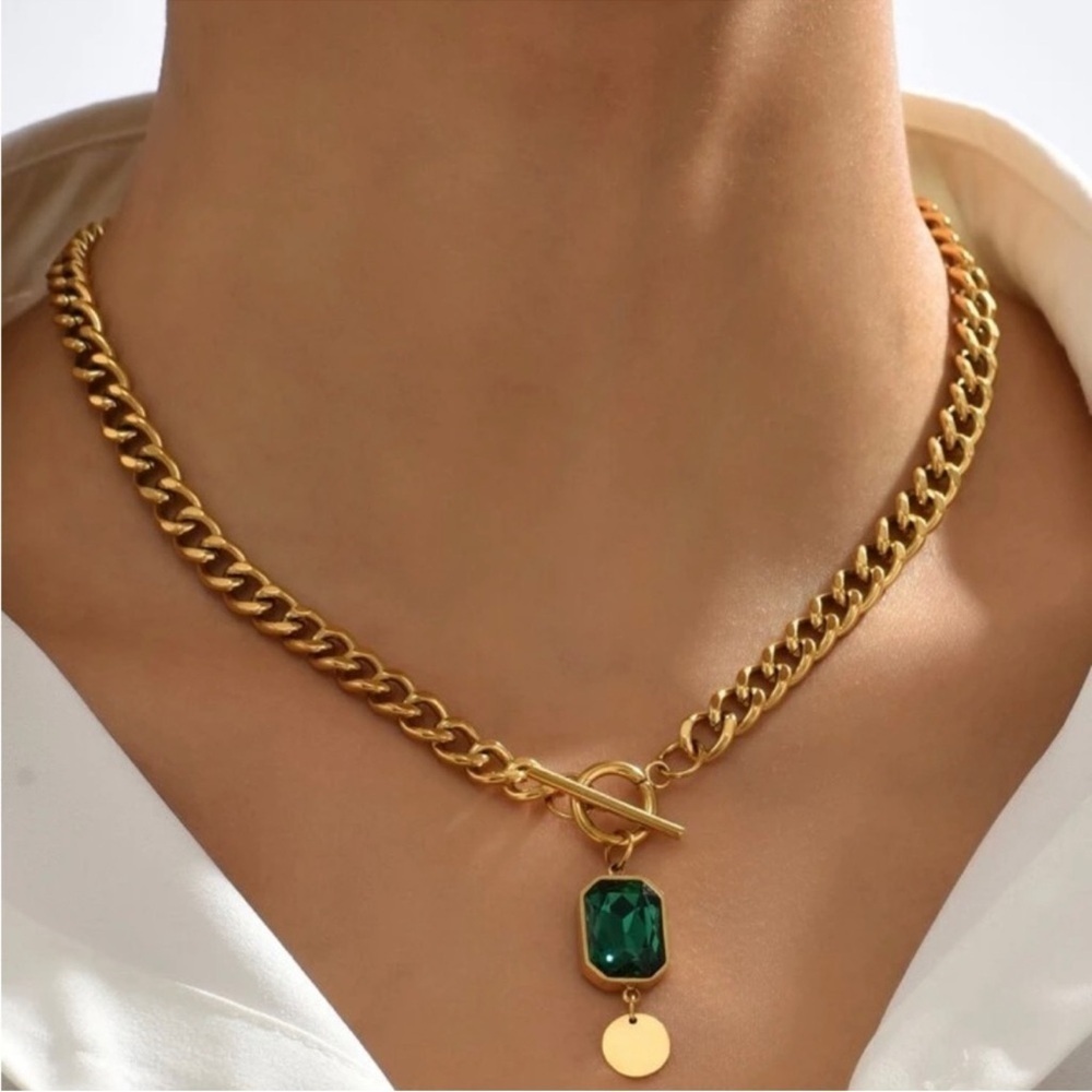 Gold Plated Stainless Steel Emerald Pendant Chain Necklace